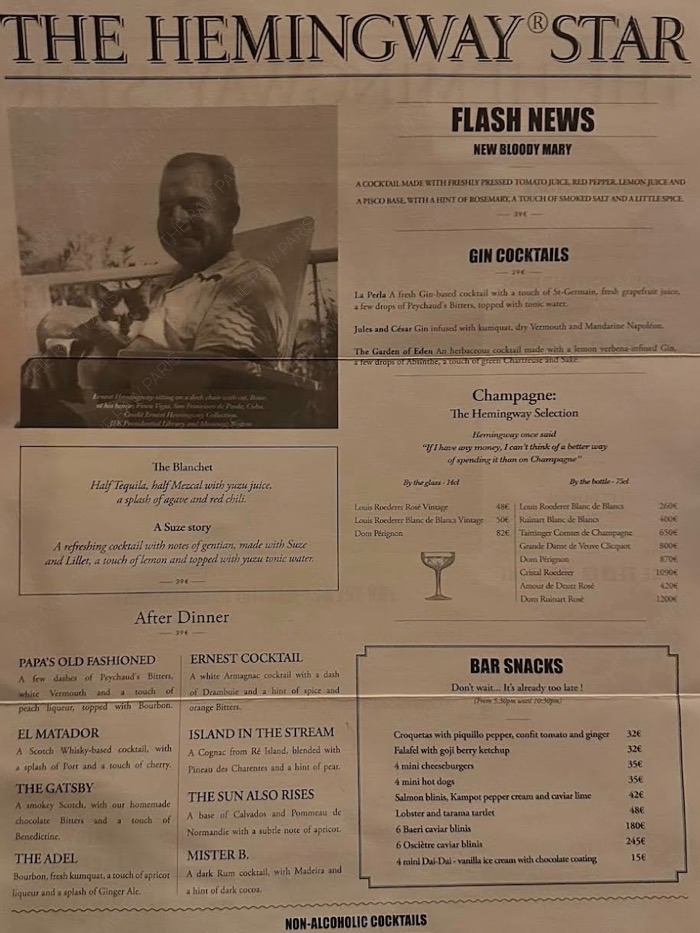 Bar Hemingway menu cocktail prices Ritz Paris luxury bar menu champagne cocktails