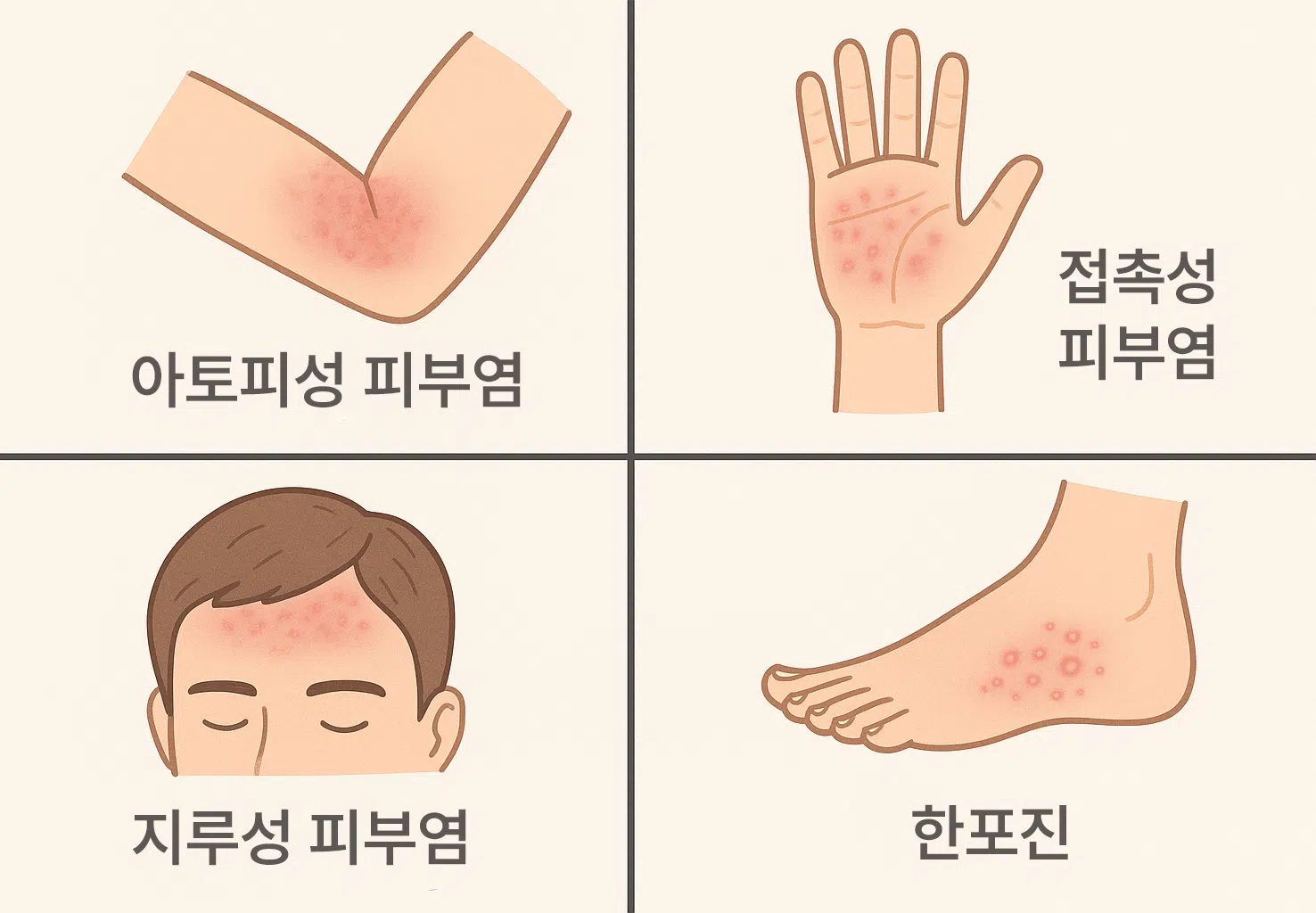 아토피성, 접촉성, 지루성 피부염, 한포진 등 네 가지 습진 유형의 특징을 도식화한 이미지, 각기 다른 부위에 나타나는 증상 비교 시각화