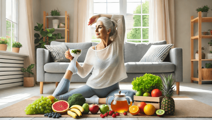 건강한 식단과 요가를 실천하는 중년 여성