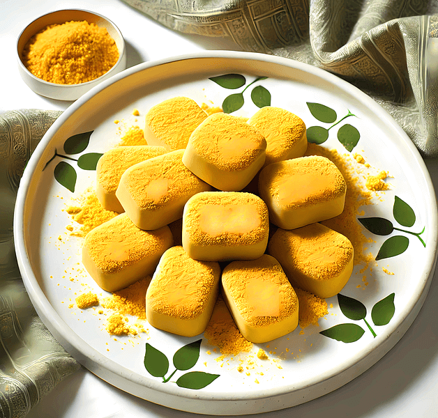 둥근 하얀 접시에 인절미가 가득하다. 노란 콩가루가 묻혀진 인정미다.