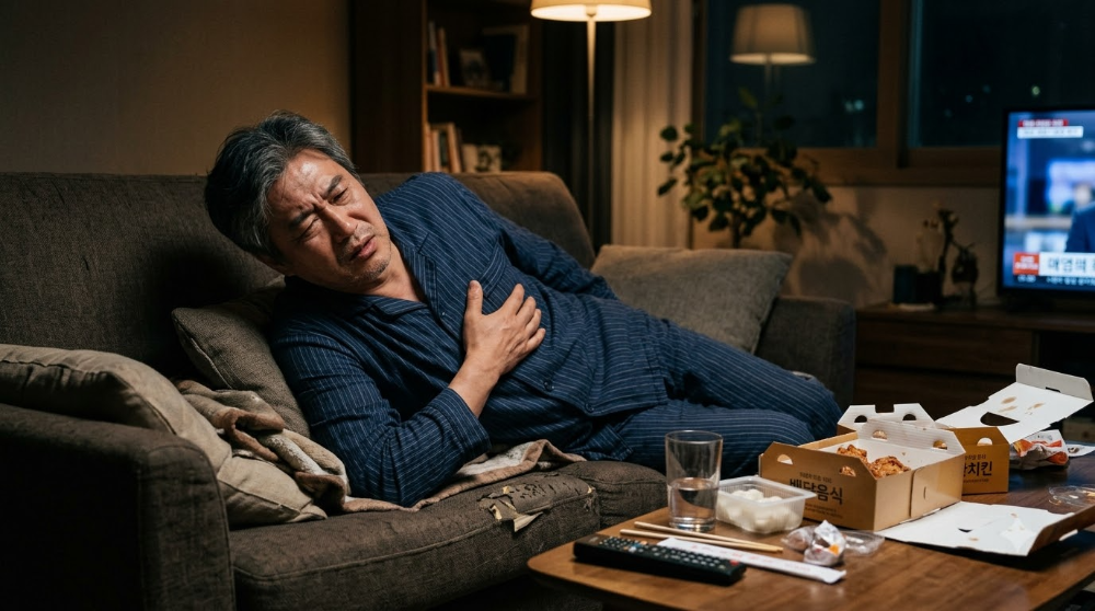 alt="야식을 먹고 바로 누운 50대 남성이 가슴 통증을 느끼는 모습"