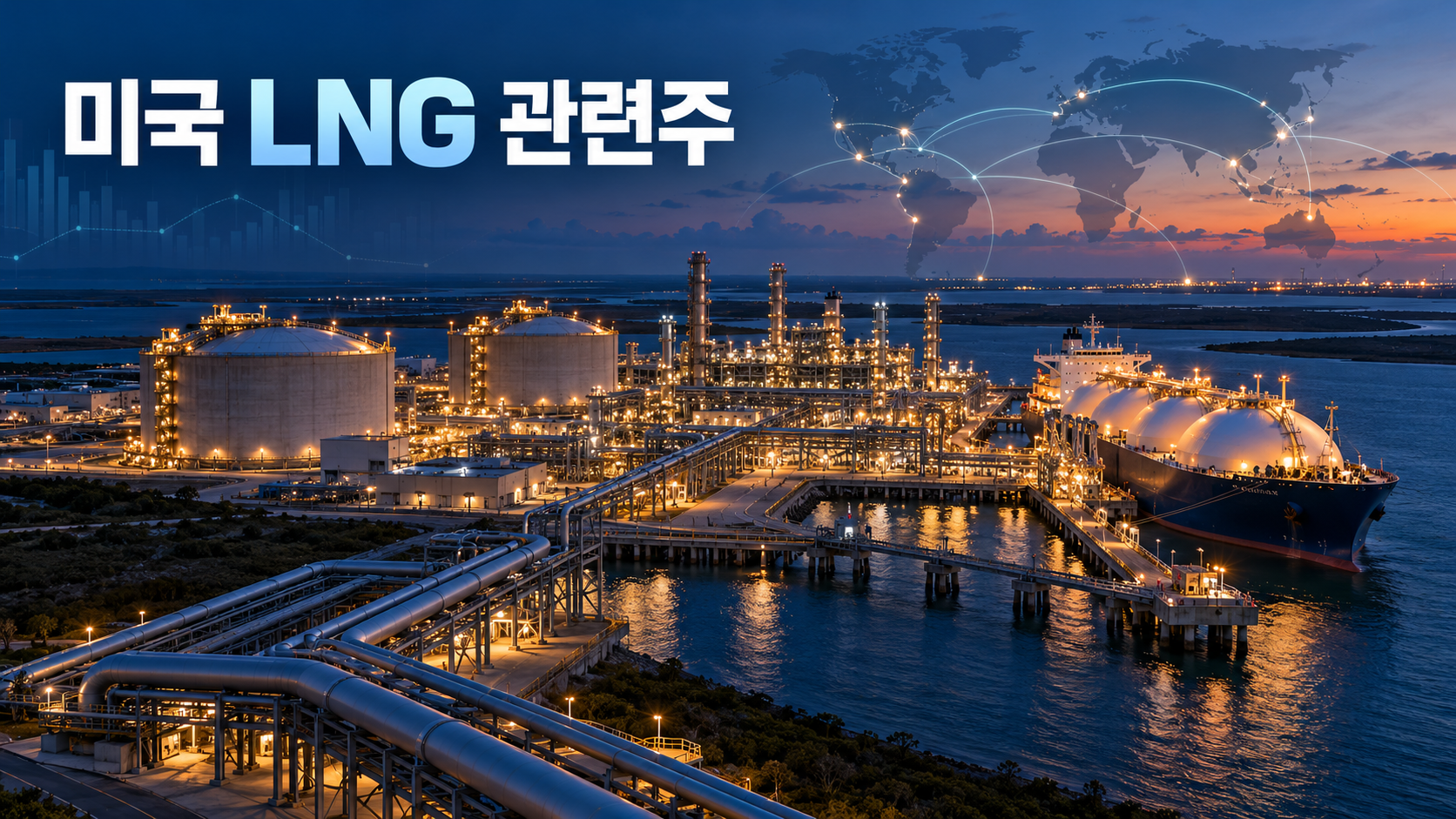미국 LNG 수출터미널과 LNG선을 표현한 관련주 대표 이미지