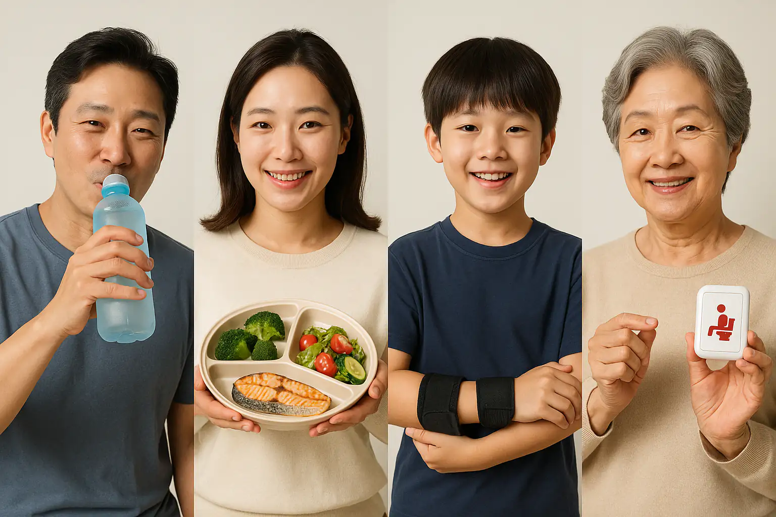 물병·저염 식판·스포츠 보호대·화장실 알람을 들고 있는 가족 구성원