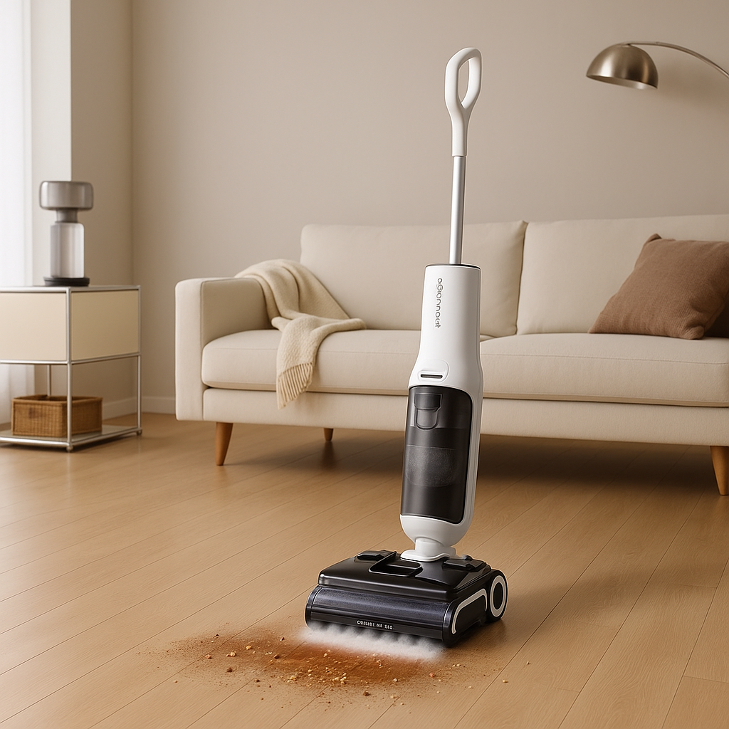 거실에 세워진 로보락 F25 울트라 스팀 물걸레 청소기, 깔끔한 인테리어와 함께 연출된 이미지