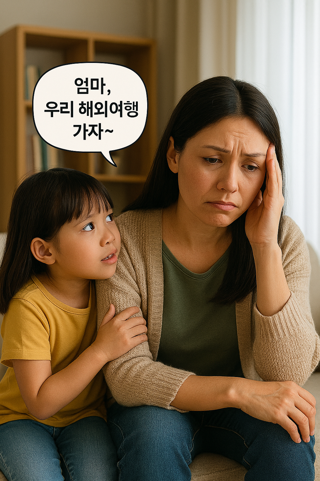 해외여행을 가자고 조르는 아이와 현실적으로 힘들어 고민하는 엄마