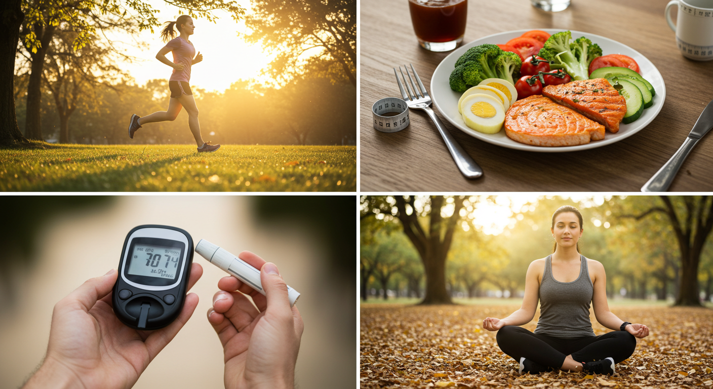 건강한 생활습관을 보여주는 운동, 수면, 스트레스 관리 콜라주