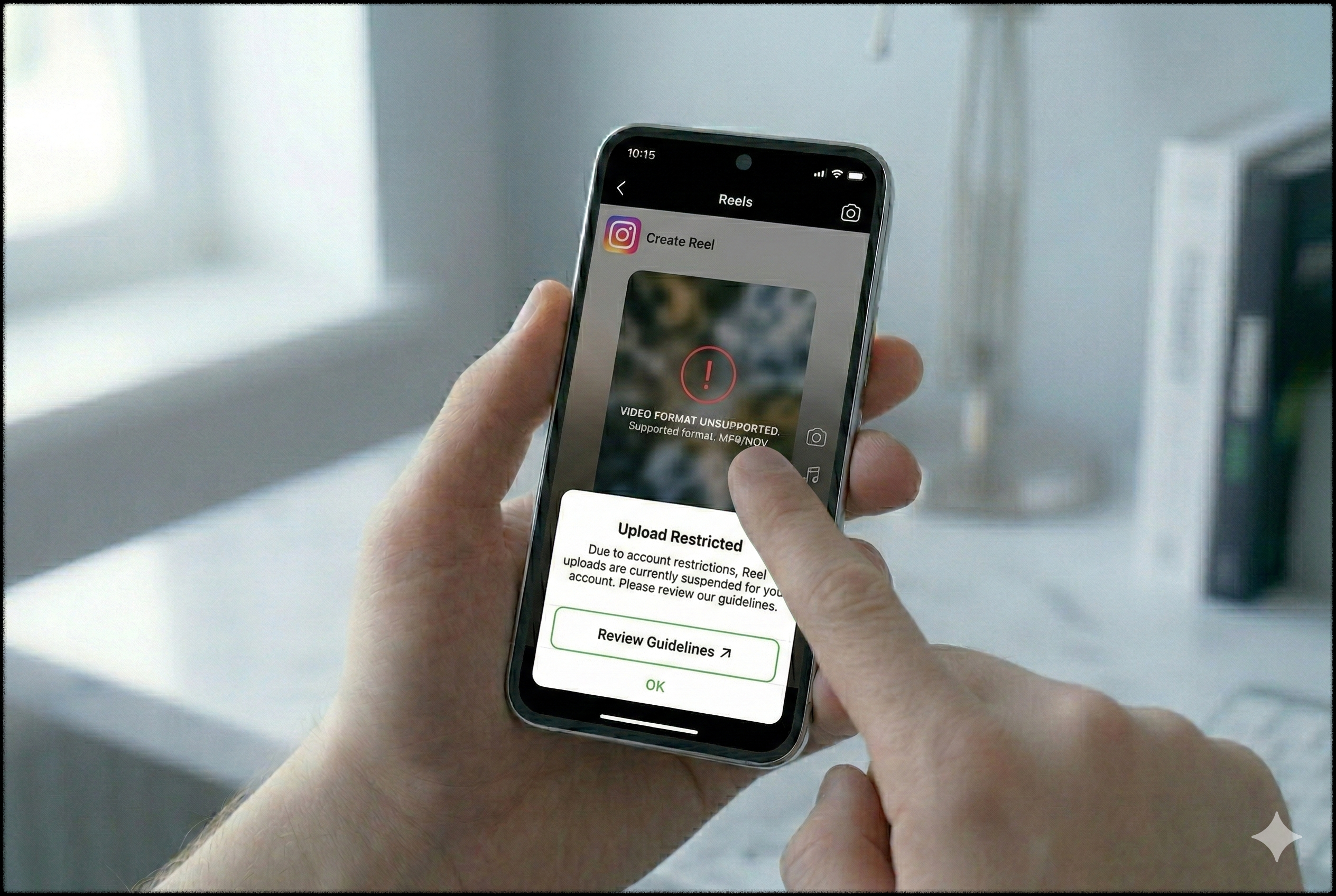 계정 제한으로 릴스 업로드가 차단된 스마트폰 모습