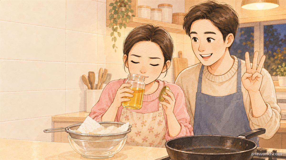 튀김 기름 재사용 전 냄새로 산패를 확인하는 지나 엄마와 아빠