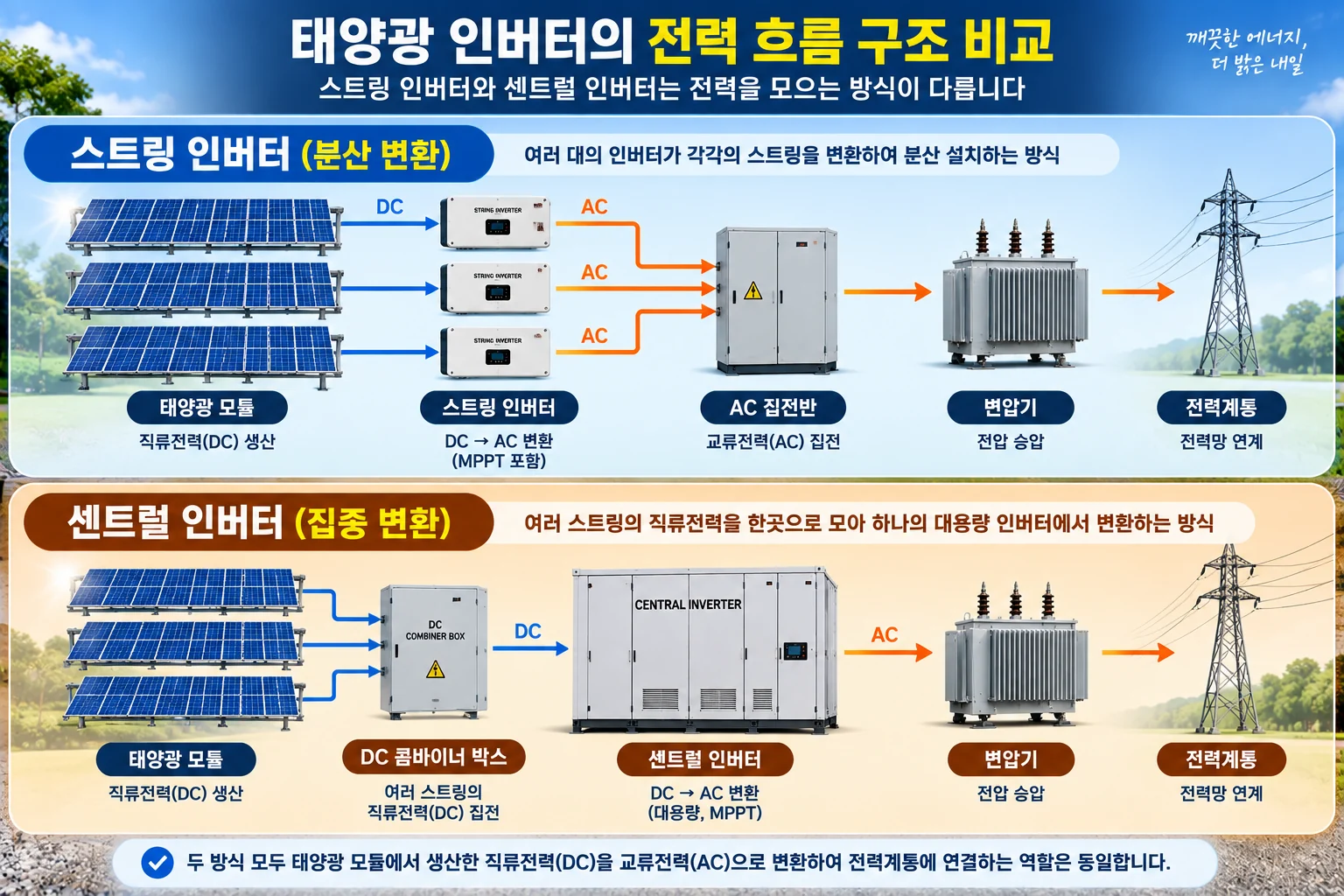 스트링 인버터와 센트럴 인버터 전력 흐름 구조 비교