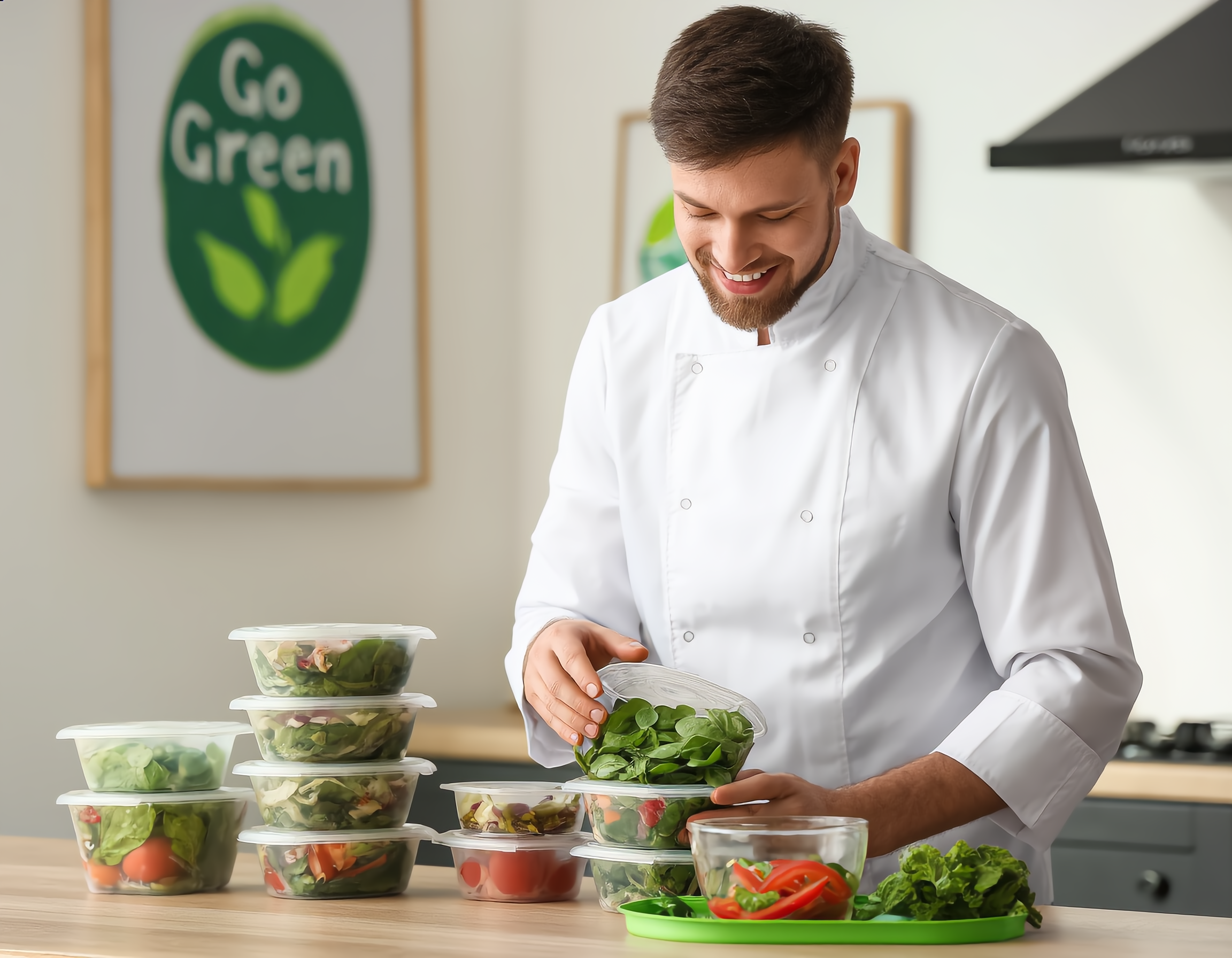광고용으로 제작된 현대적인 주방에서 깨끗한 흰색 제복을 입은 친절한 워커가 신선한 샐러드와 유기농 식재료를 투명 다회용기에 정성스럽게 담고 있습니다. 자연광이 비치는 밝은 조명 아래에서 식품의 생동감 있는 색감이 강조되며, 배경에는 미니멀리스트 스타일의 친환경 슬로건 "Go Green"이 부드럽게 배치된 포스터가 어우러집니다. 클로즈업 샷으로 포장 과정의 세부 사항과 용기의 내구성이 선명하게 표현되었습니다.