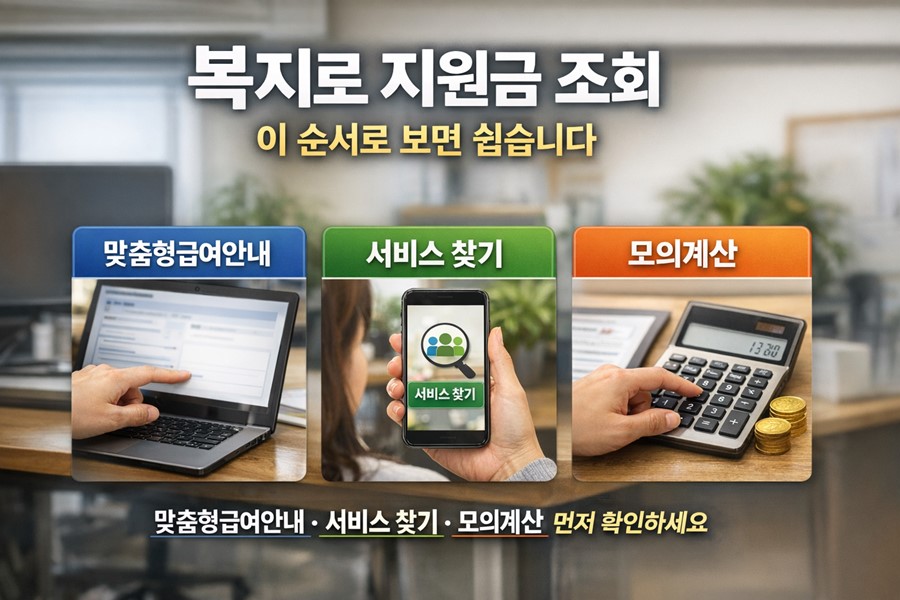 복지로에서 맞춤형급여안내와 서비스 찾기, 모의계산 기능을 순서대로 활용해 지원금을 조회하는 방법을 설명하는 이미지