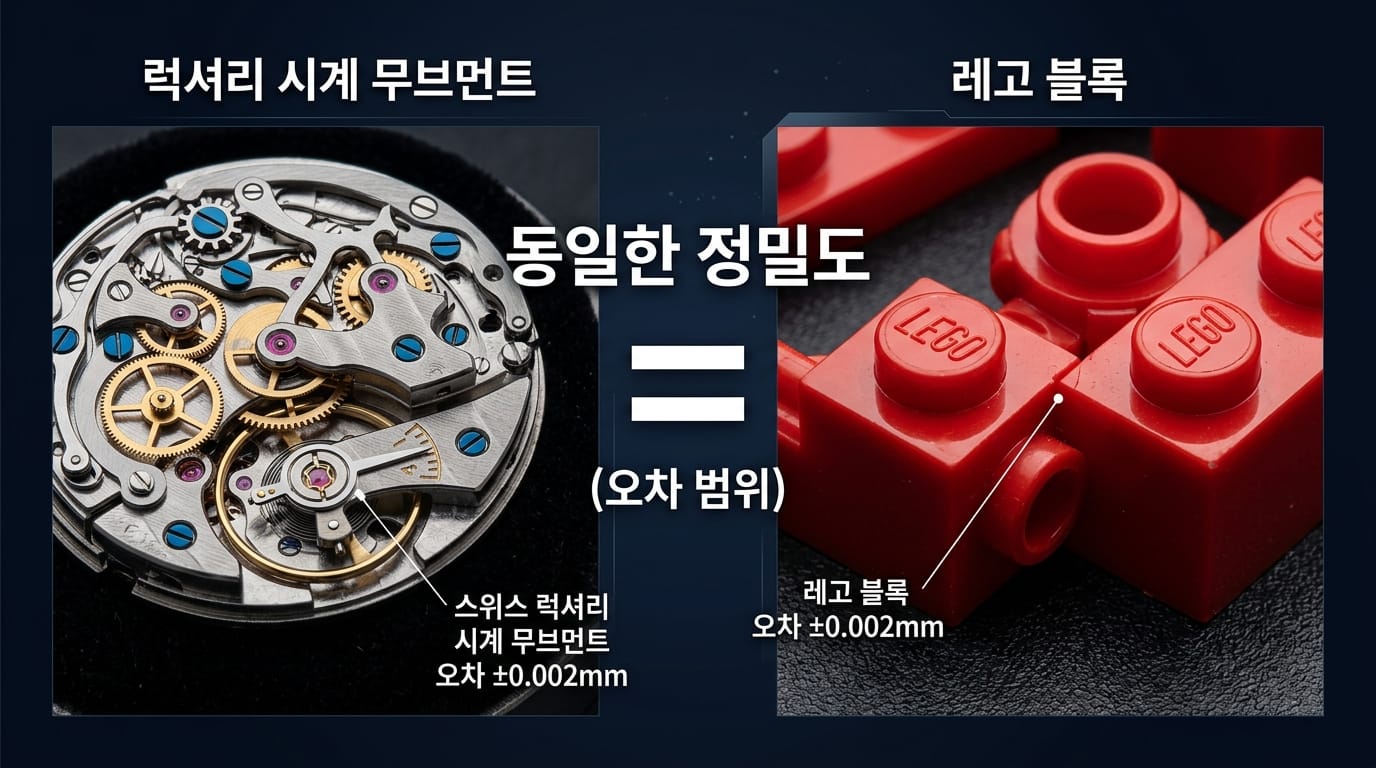 스위스 시계 부품과 레고 블록의 정밀도를 비교한 이미지 (일부 자료가 소개한 0.002mm 사례 기준)