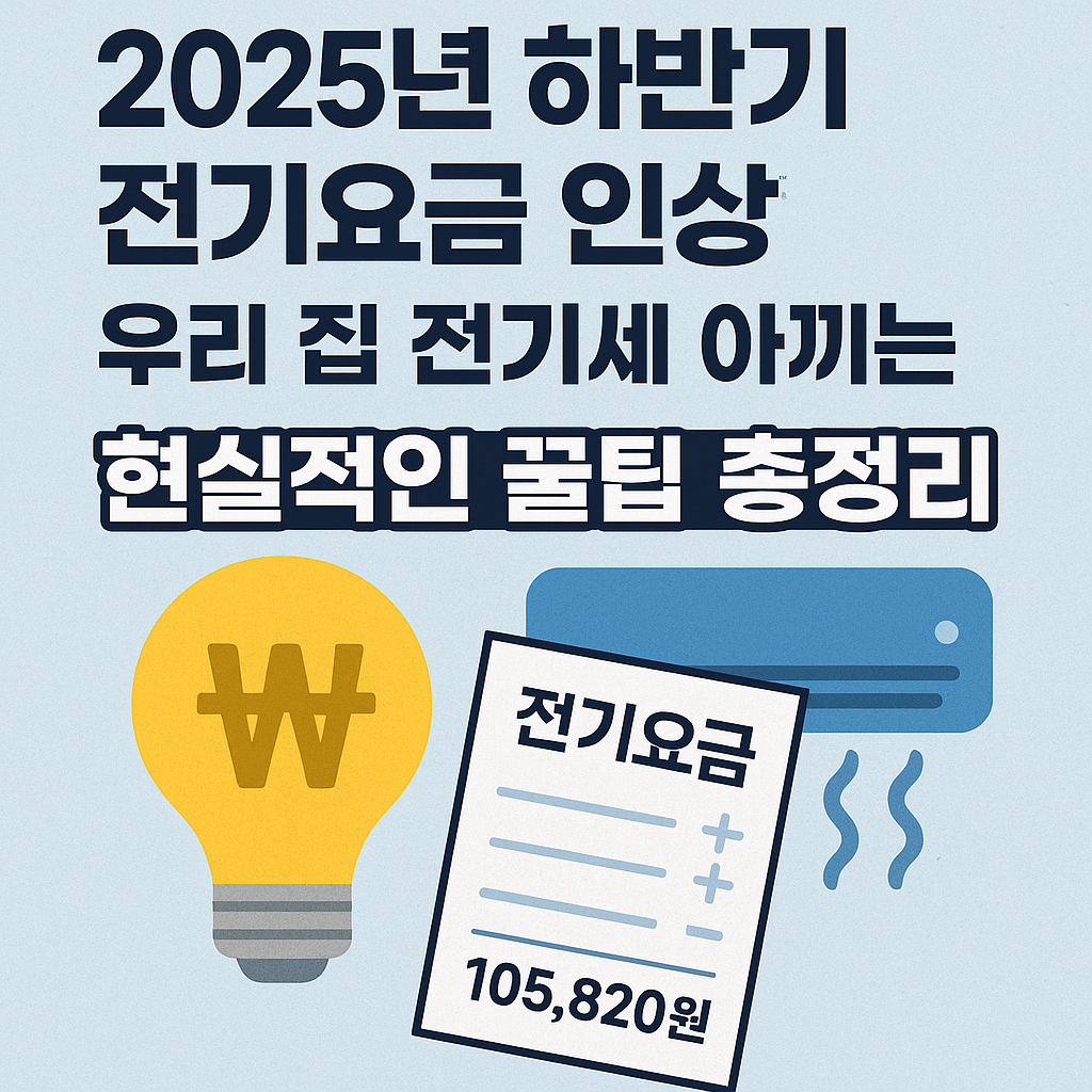 2025년 하반기 전기요금 인상 우리집 전기세 아끼는 현실적인 꿀팁 총정리 문구 와 청구서와 전구 이미지