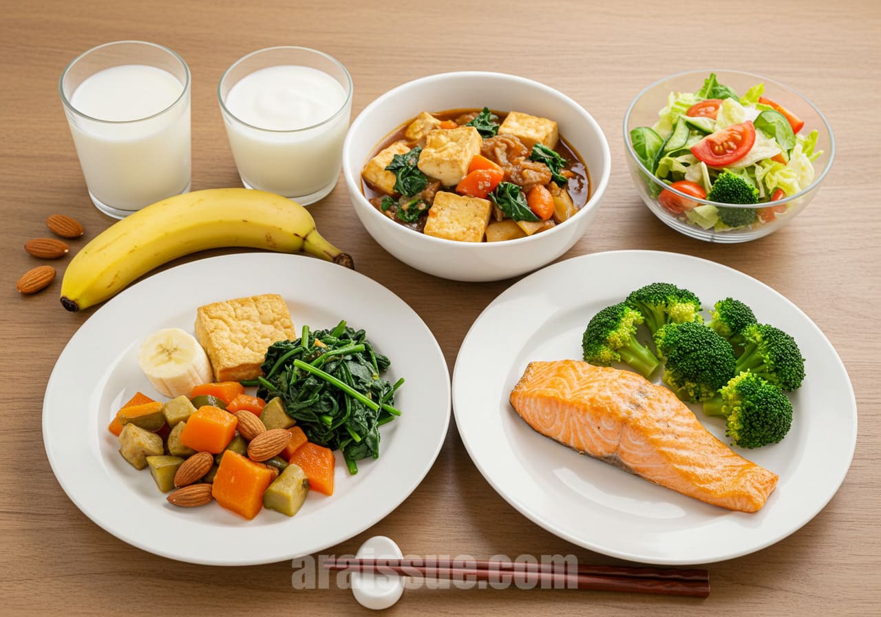 아침에 우유 또는 요거트, 바나나, 아몬드를 포함한 건강한 식사 이미지입니다. 점심에는 두부가 들어간 찌개와 시금치 나물이, 저녁에는 연어구이와 브로콜리 샐러드가 포함되어 있습니다.
