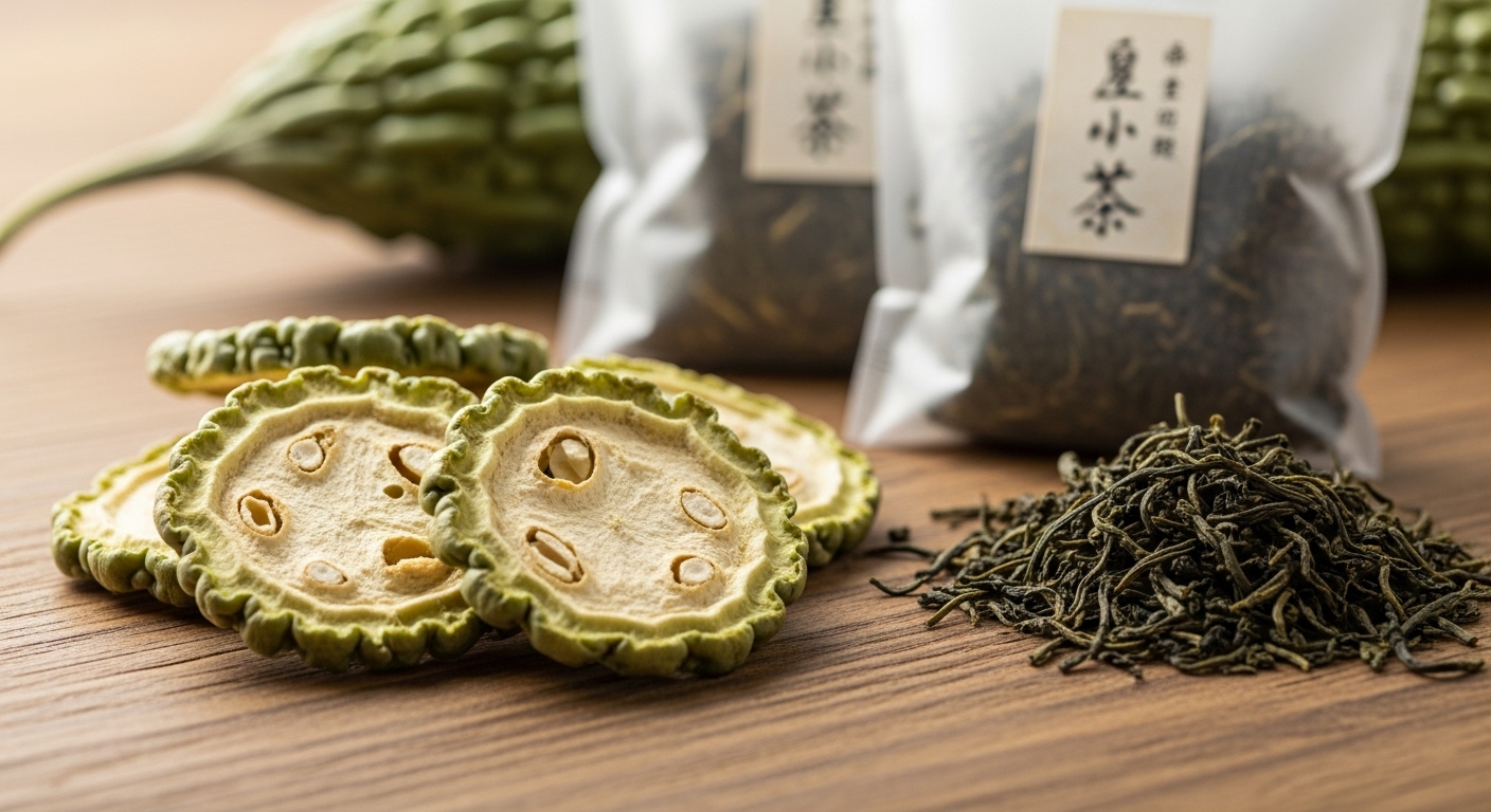 나무 테이블 위에 놓인 말린 여주 슬라이스, 여주차 티백, 그리고 여주차 잎. 건강하고 자연적인 여주의 재료들.