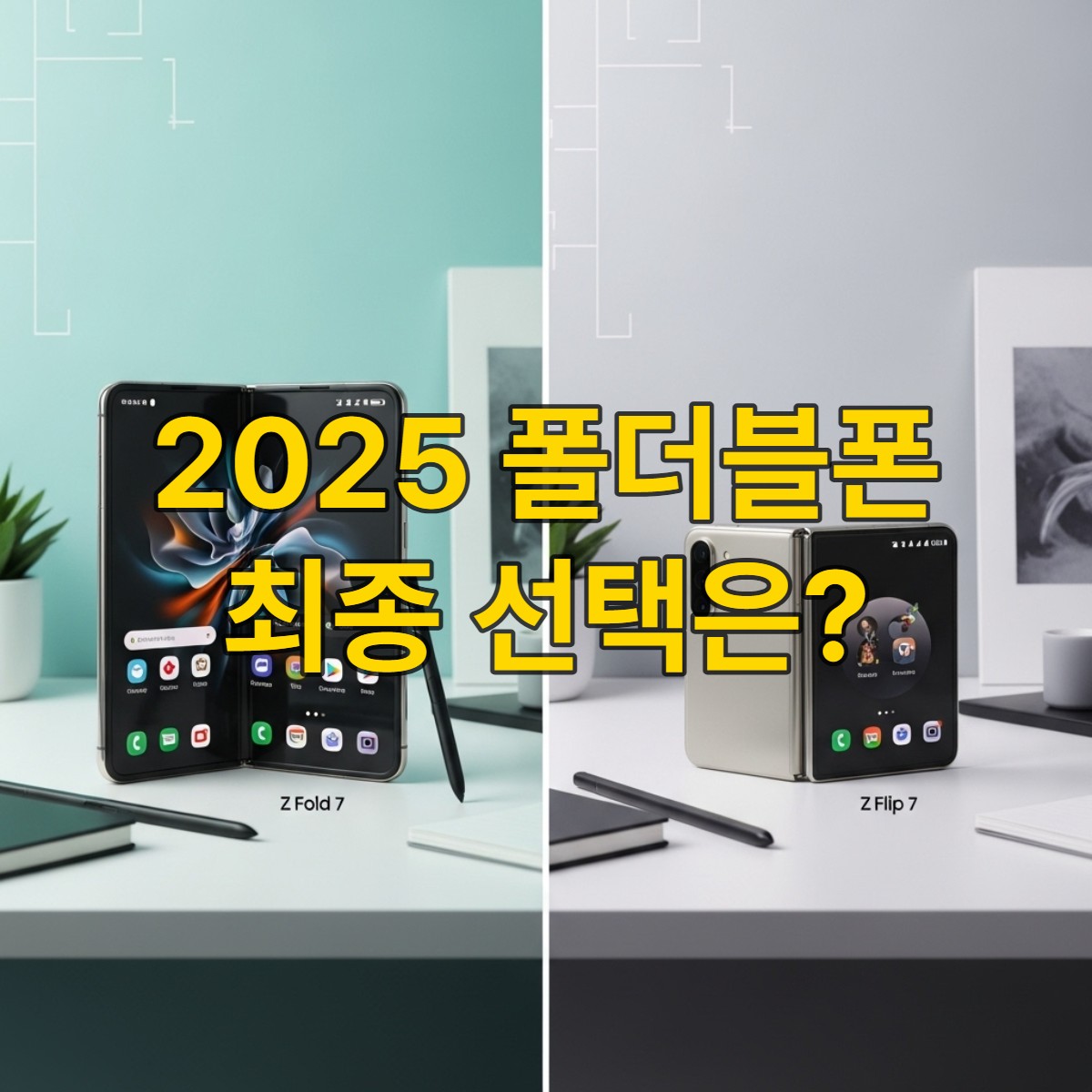 2025년 갤럭시 Z폴드7과 Z플립7이 나란히 놓여있는 모습, 폴더블폰 구매 가이드를 위한 비교 이미지. 폴드7은 펼쳐져 생산성 앱을, 플립7은 접혀 커버 스크린을 보여준다.