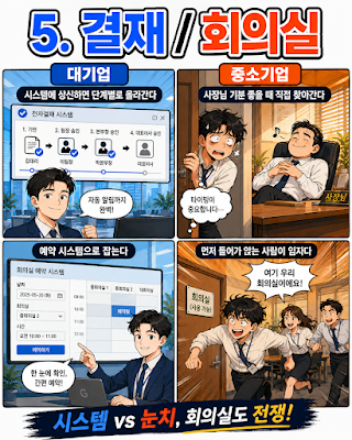대기업 전자결재 시스템과 중소기업 대표 결재&middot;회의실 운영 차이를 표현한 이미지