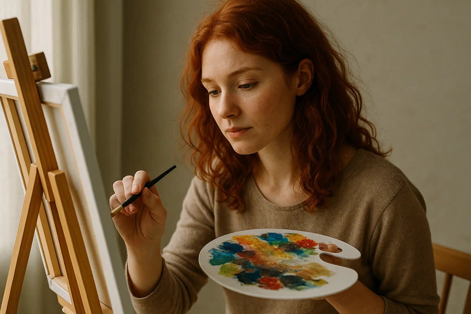 물감 팔레트를 들고 창작에 몰입한 INFP 여성 화가의 모습