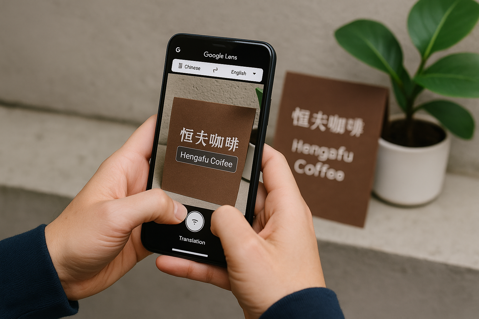 구글 렌즈로 간판 번역하는 장면