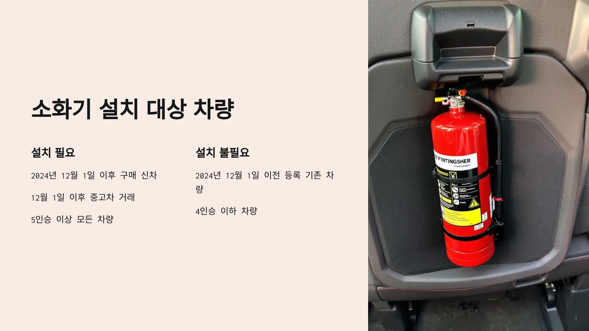 차량용 소화기 의무화, 소화기 설치위치, 소화기 설치 대상차량, 자동차겸용 소화기