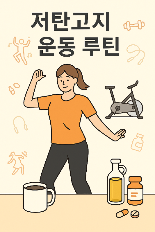저탄고지 운동 루틴을 상징하는 댄스, 자전거, 전해질 보충제를 함께 표현한 일러스트
