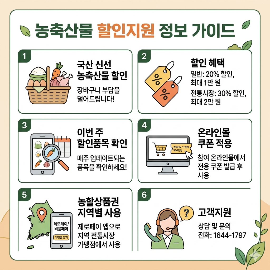 농축산물 할인지원 이용방법｜할인품목, 참여매장, 농할상품권 인포그래픽
