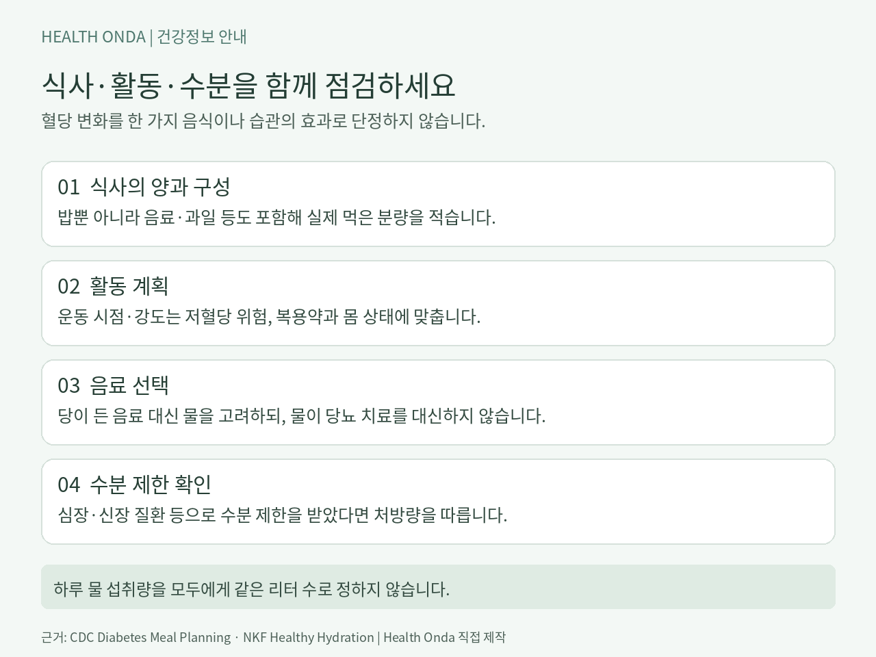 식사의 양과 구성, 활동 계획, 음료 선택과 개인별 수분 제한을 확인하는 안내
