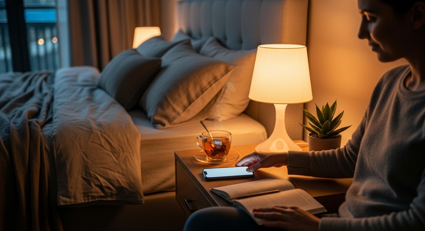 자기 전 스마트폰을 내려놓고 숙면을 준비하는 모습. 편안한 침실 환경을 조성하는 중요성을 나타냄.
