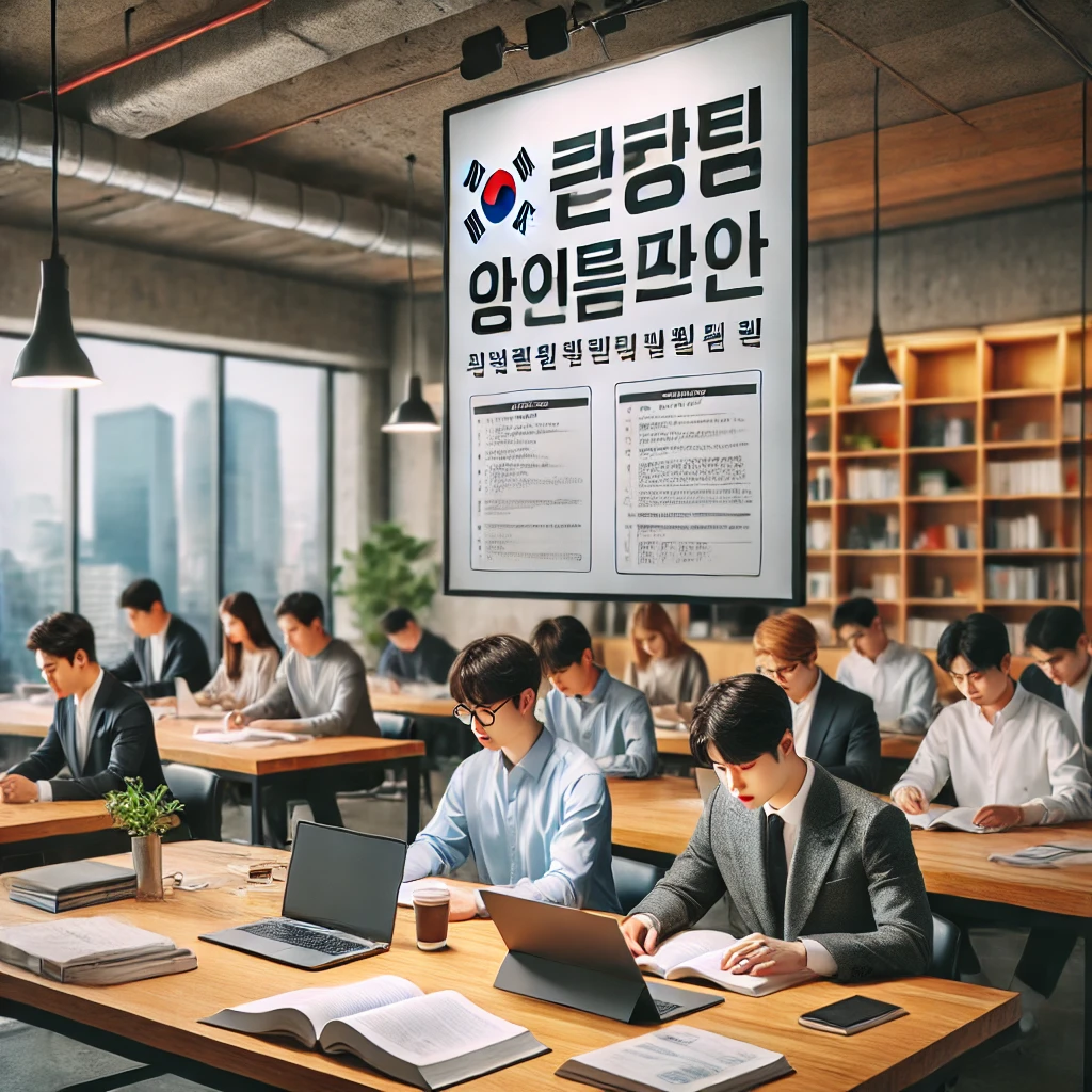현대적인 사무실에서 젊은 한국인 구직자들이 자격증 시험을 준비하는 모습. 책상 위에는 책, 노트북, 학습 자료가 놓여 있으며, 배경에는 '청년 구직자 자격증 취득 응시료 지원사업'이라는 문구가 적힌 배너가 보인다. 집중하고 있는 모습이 돋보이며, 학습 분위기가 긍정적이다.