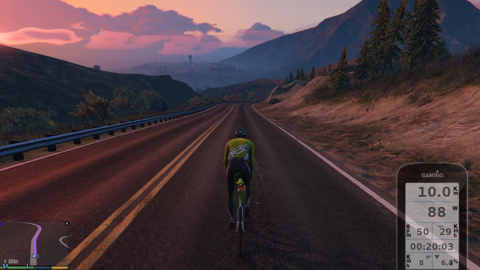 GTA5 GT Bike V 실행 화면 - 자전거 로라 연동 후 라이딩 HUD 표시