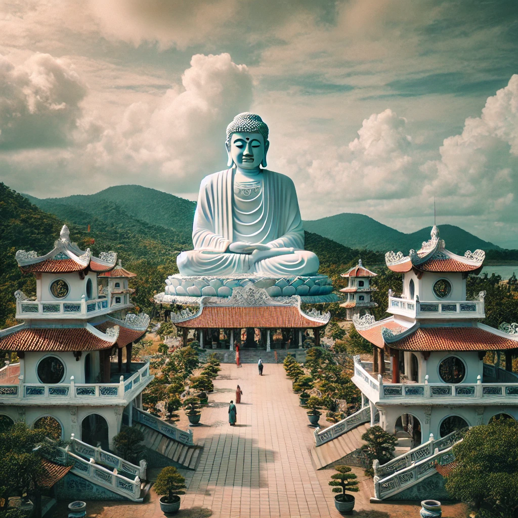 롱선사의 거대한 백불상과 전통적인 베트남 사원의 풍경