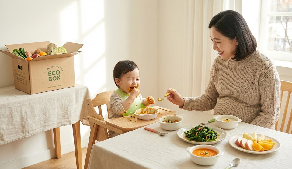 친환경 농산물 꾸러미로 만든 형형색색의 건강한 이유식과 유아식 반찬이 차려진 식탁에서 즐겁게 식사를 하고 있는 어머니와 아기의 모습.