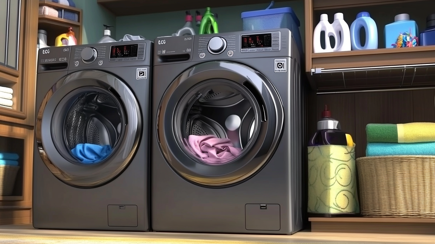 터보 워시 기술을 가진 스타일리시하고 현대적인 세탁실 인테리어 속 LG 세탁기