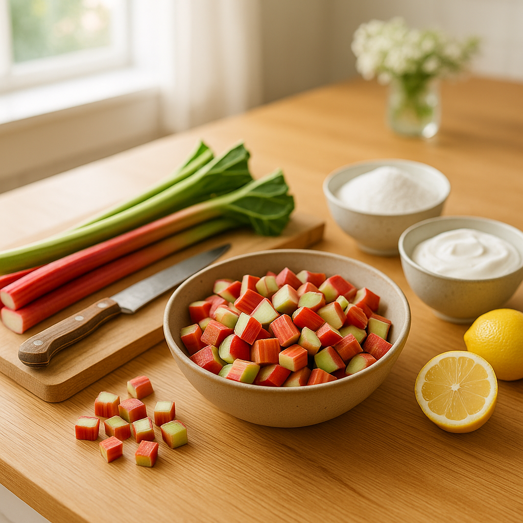 "밝은 부엌 식탁 위에 루바브 줄기, 다진 루바브, 설탕, 요거트, 레몬이 가지런히 놓인 요리 준비 장면"