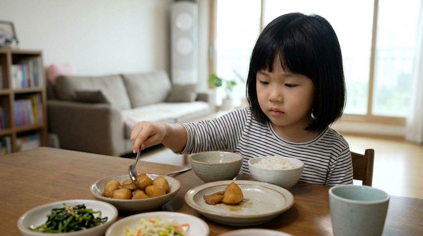 거실 식탁에서 반찬을 담는 아이