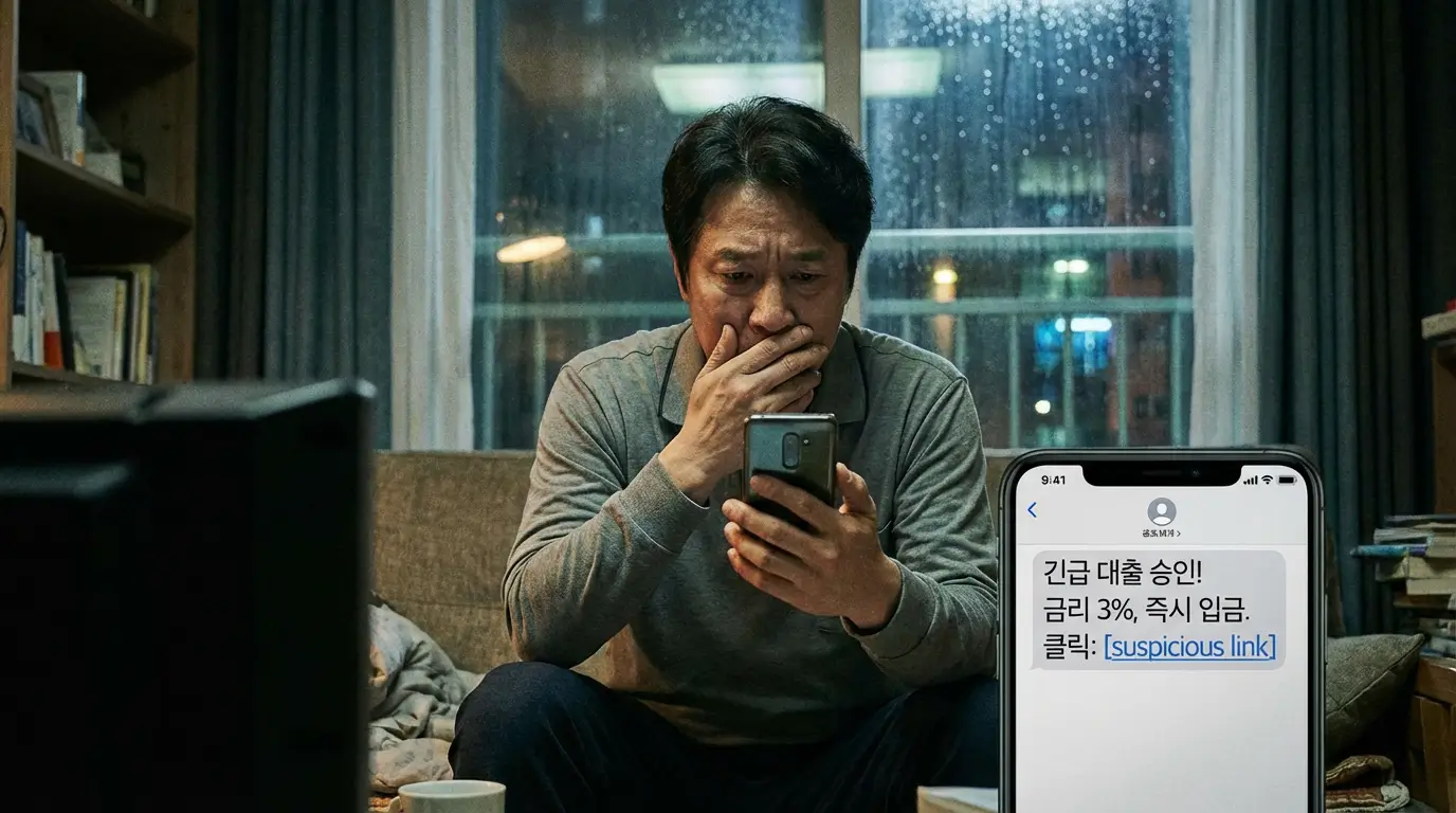 스마트폰으로 의심스러운 대출 문자를 받고 불안해하며 고민하는 사람의 모습