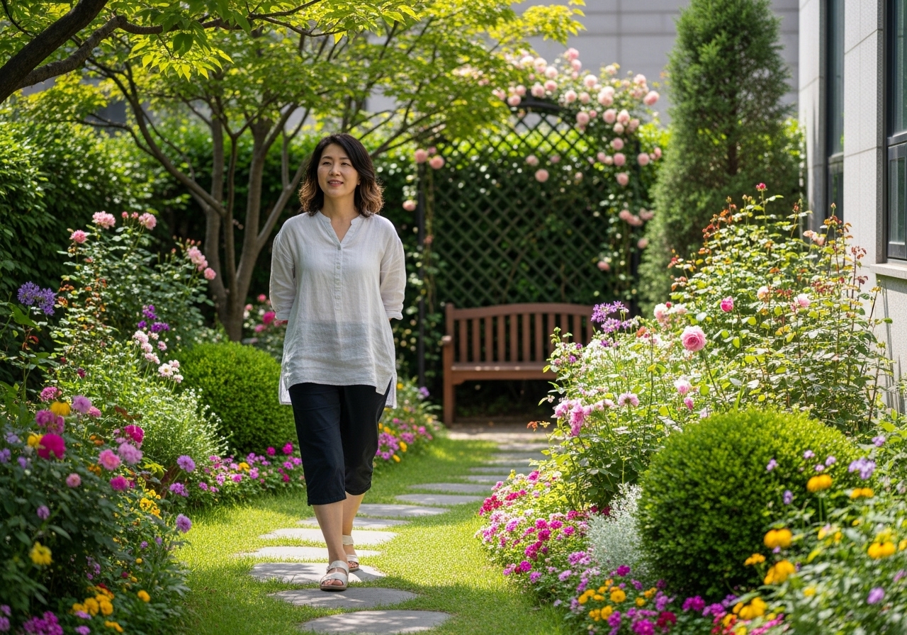 50대 한국인 여성이 산책하며 휴식하는 모습
