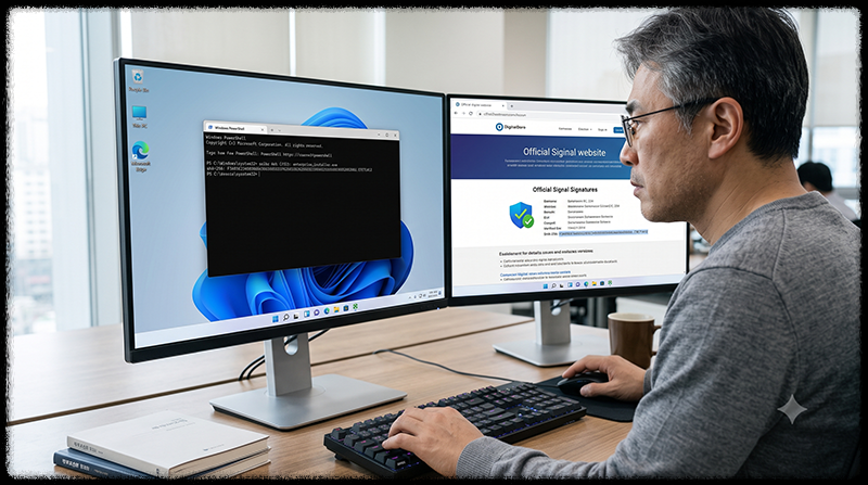 PowerShell에서 다운로드 파일의 SHA-256 해시값을 확인하고 비교하는 모습