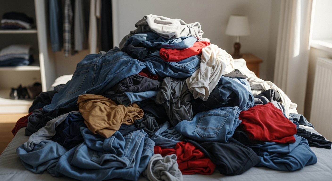 정리를 위해 침대 위에 모두 꺼내 놓은 다양한 종류의 옷 무더기.