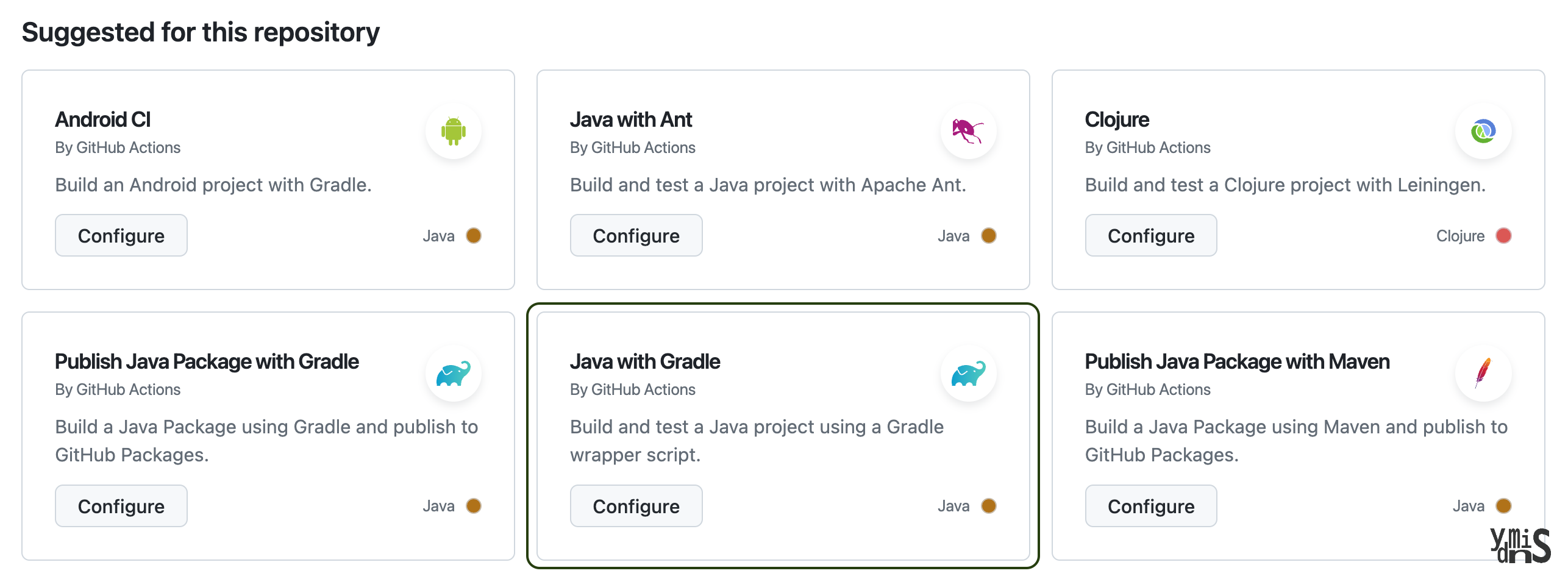 Github Actions 탭에서 Java with Gradle을 선택한 모습이다.