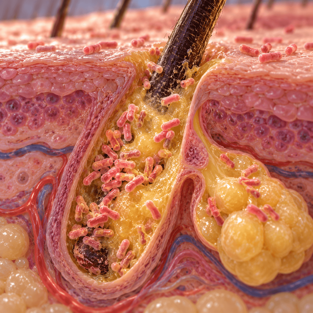Cutibacterium acnes가 피지모낭 안에 분포하는 모습