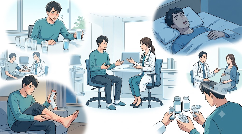 진료 전 확인하면 좋은 갈증, 다리 부종, 코골이, 약물, 기저질환, 임신 여부 등 동반 단서 종합 일러스트