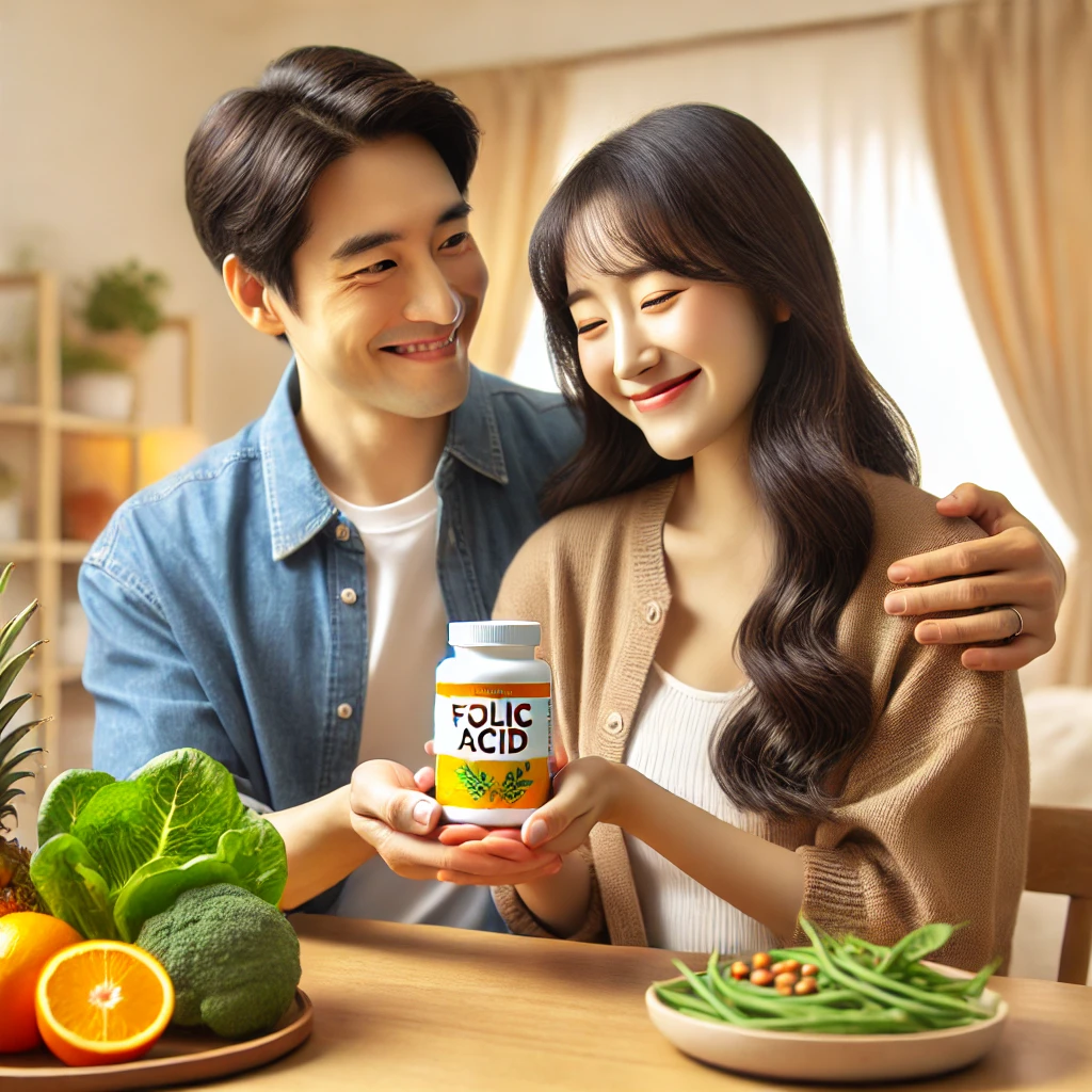 밝고 아늑한 집에서 예비 부모가 엽산제 보틀을 들고 미소를 짓고 있는 모습. 테이블 위에는 시금치, 오렌지, 콩 등 엽산이 풍부한 건강식품이 놓여 있으며, 따뜻하고 긍정적인 분위기가 연출됨.