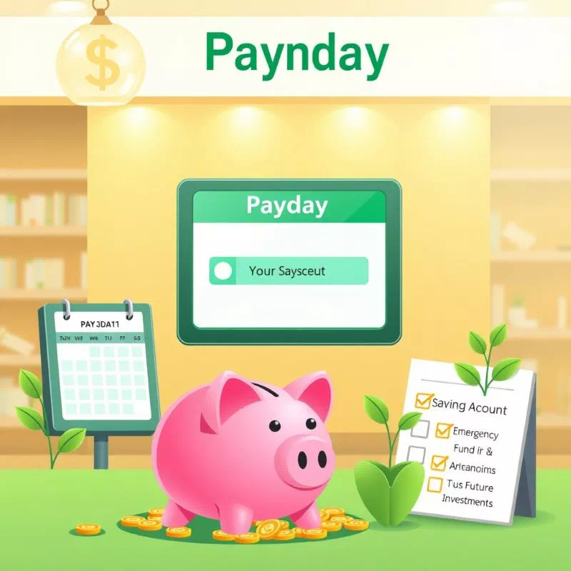 월급날 자동이체로 저축 통장에 돈이 먼저 들어가는 모습. 선저축의 중요성을 시각적으로 표현.