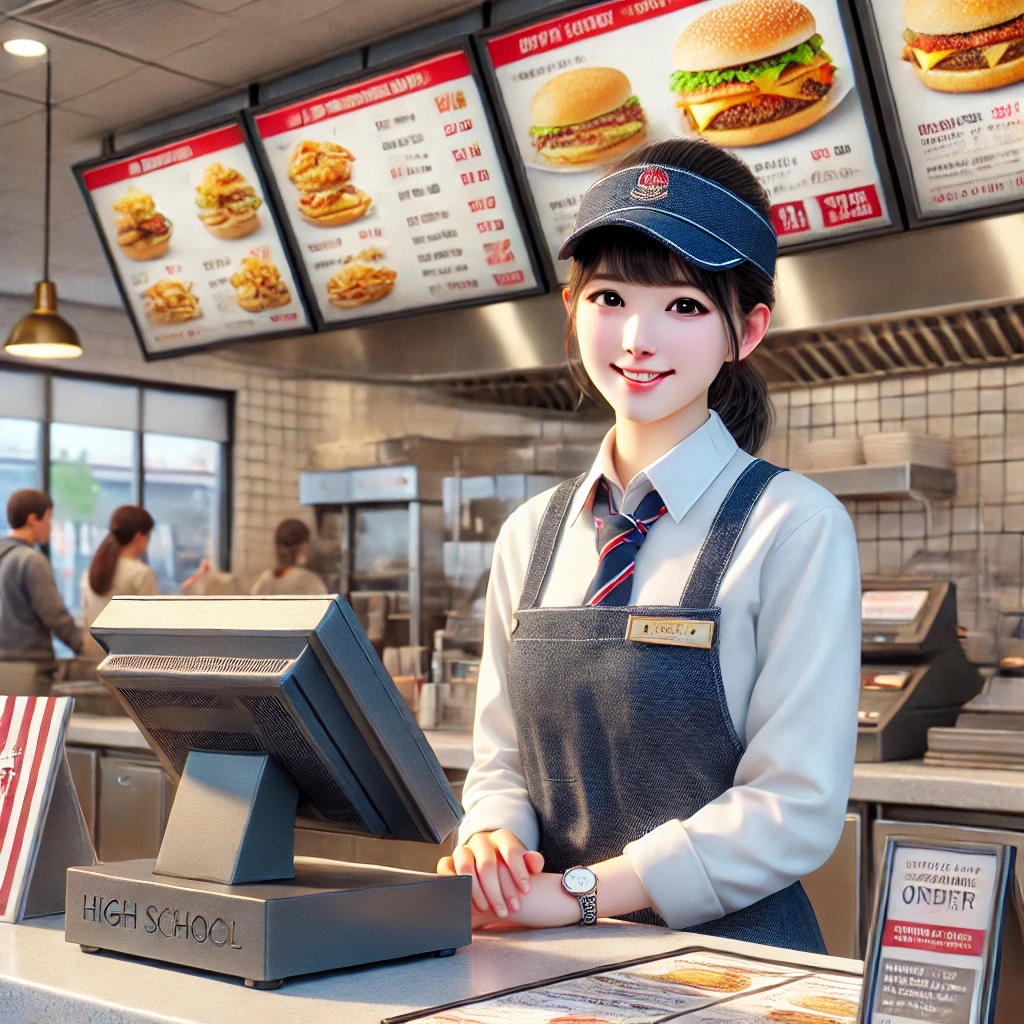 패스트푸드점에서 일하는 고등학생 사진