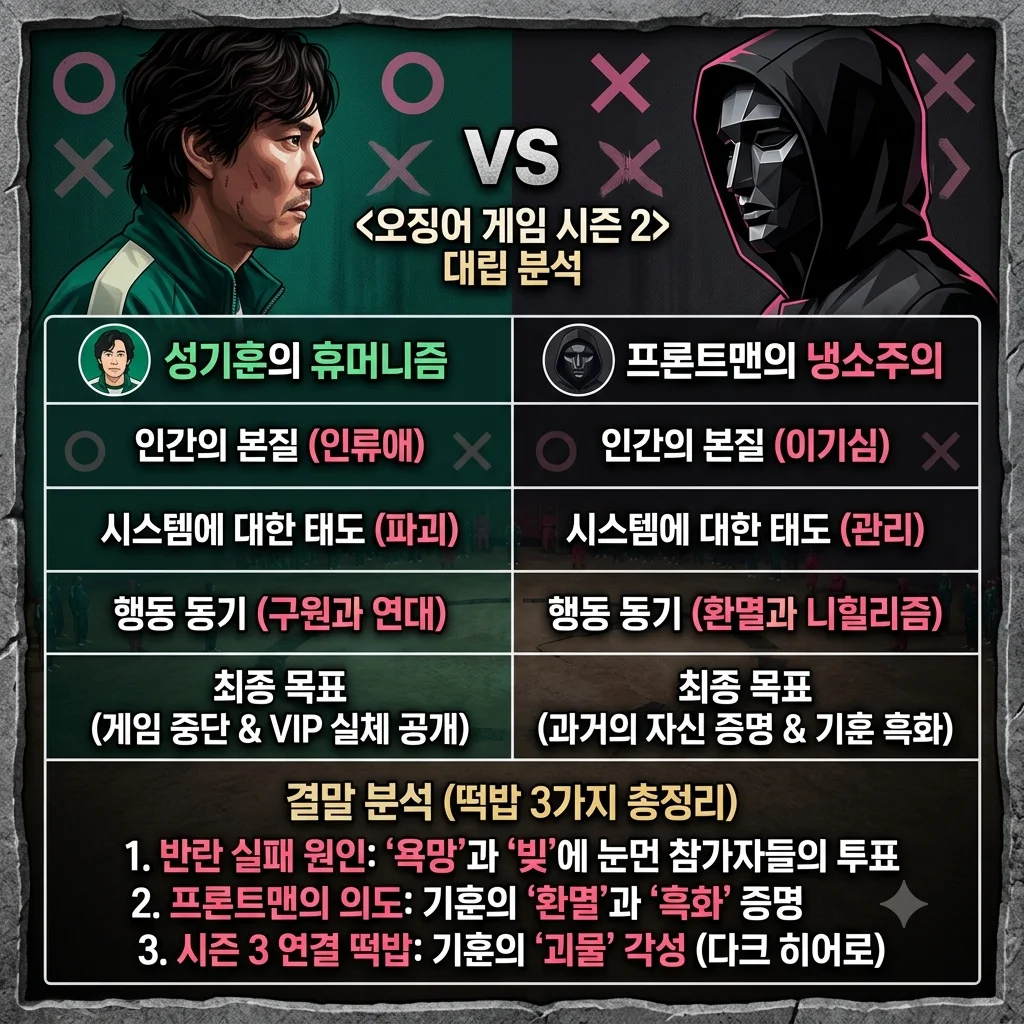 오징어 게임 프론트맨 황인호 대 456번 성기훈 신념 대립 및 과거 우승자 비교표