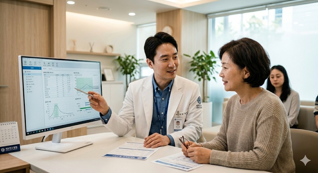 내과 병원을 방문해 전문의와 피로의 근본 원인을 상담하는 모습