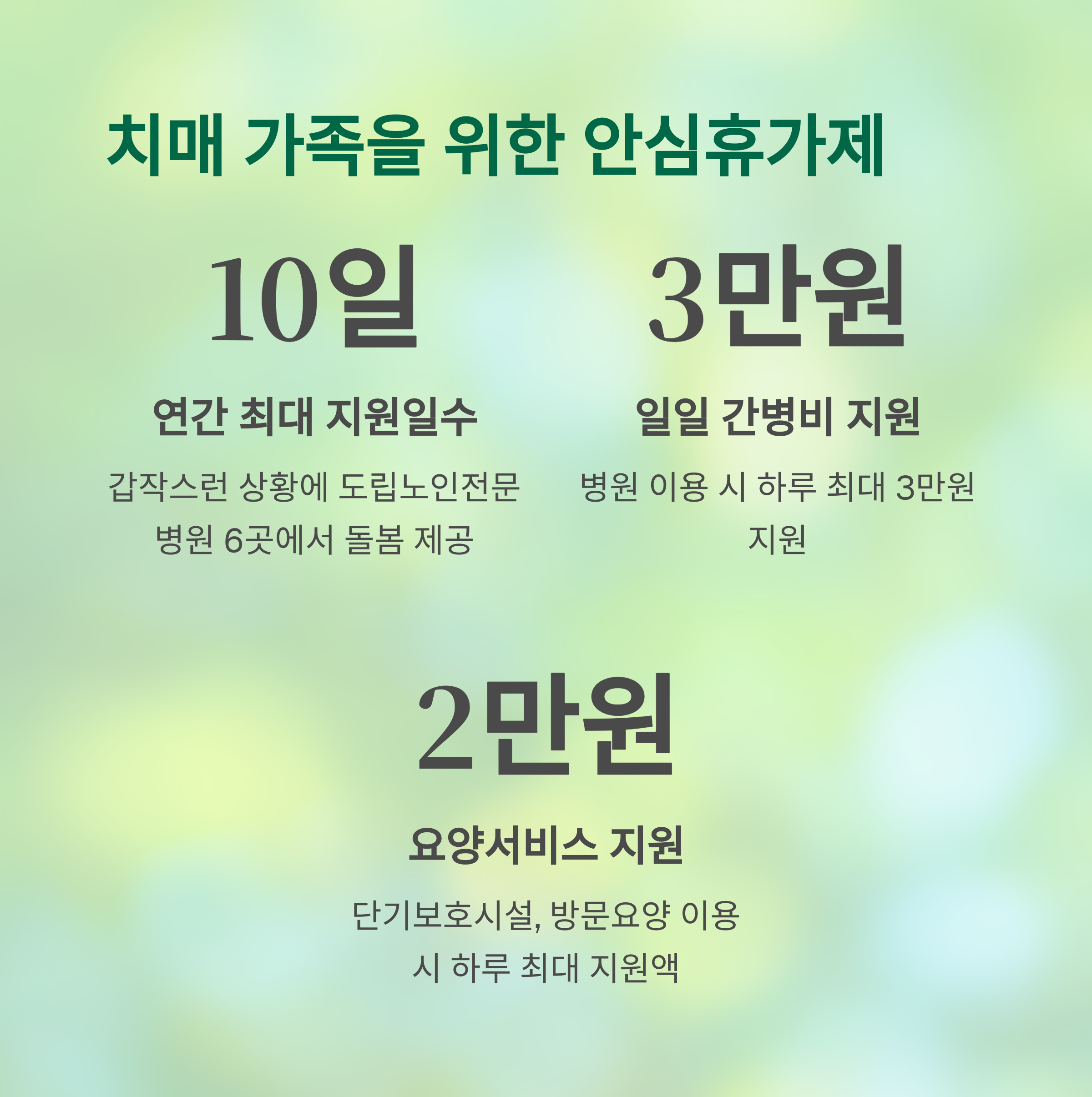 치매 가족을 위한 안심휴가제

연간 최대 지원일수

갑작스런 상황에 도립노인전문병원 6곳에서 돌봄 제공

일일 간병비 지원

병원 이용 시 하루 최대 3만원 지원

요양서비스 지원

단기보호시설, 방문요양 이용 시 하루 최대 지원액