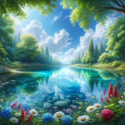 아름다운 자연의 풍경이 담긴 사진입니다. 맑은 물이 흐르고 꽃들이 만발한 숲속의 평화로운 풍경을 보여줍니다.