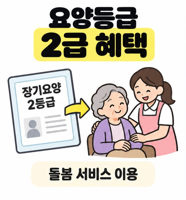 요양등급 2급 혜택 제목 아래 장기요양 2등급 인정서와 어르신의 돌봄 서비스 이용을 연결한 그림